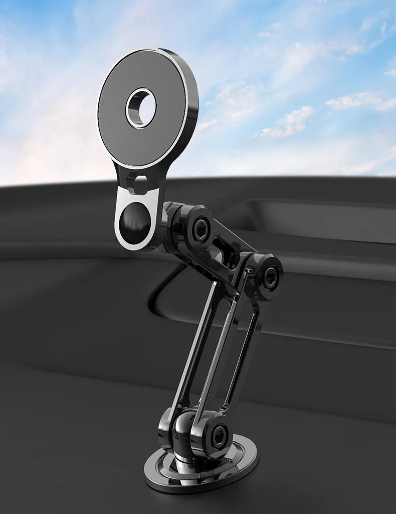 Black magnetic car phone holder with suction mount for vehicle dashboard or windscreen attachment