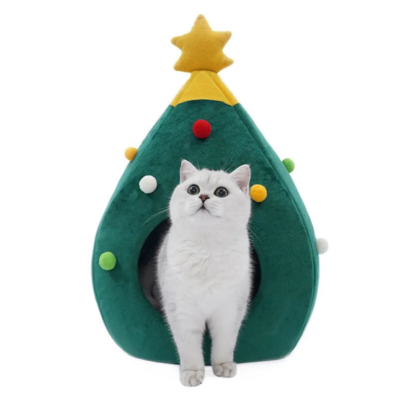 Christmas tree styled cave pet bed with plush teddy fabric and detachable cover in three size options