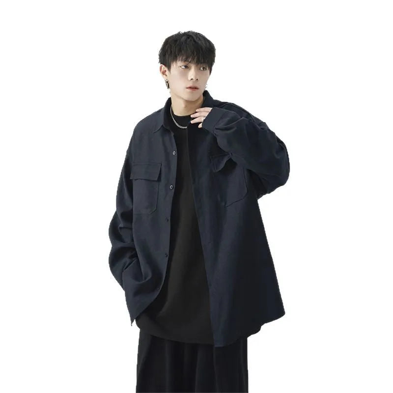 Men's loose casual work shirt jacket in black, long sleeve, regular thickness, synthetic fibre blend
