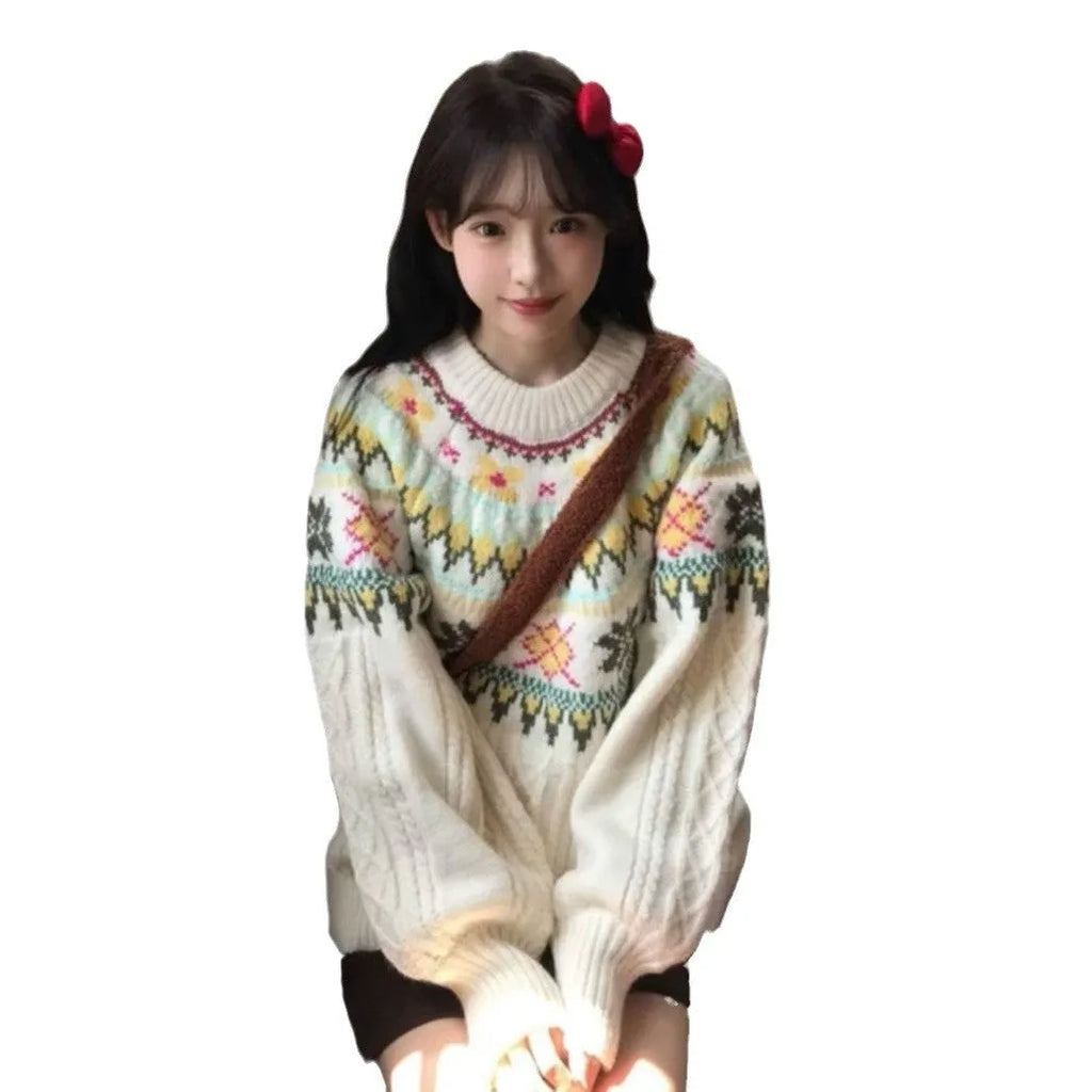 Women's milky white lantern sleeve loose mori knitwear pullover on hanger