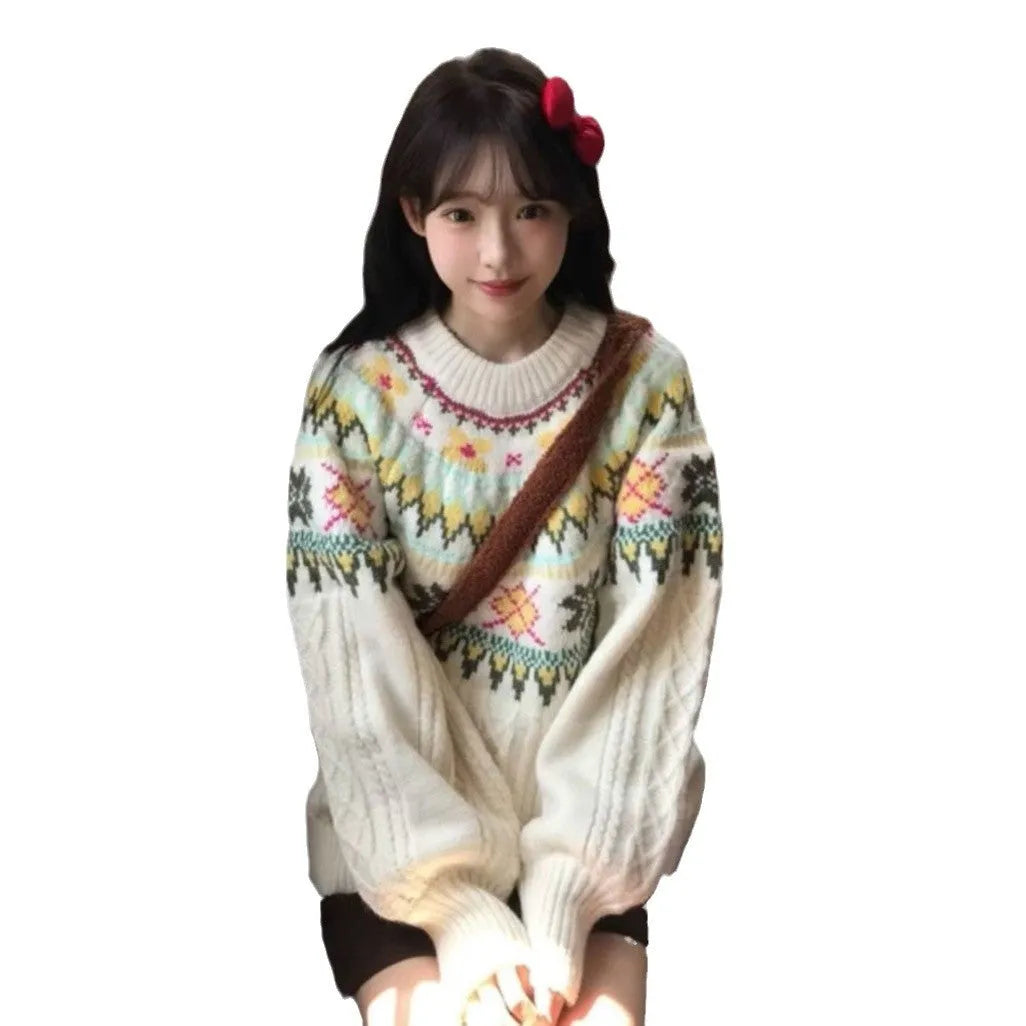 Women's milky white lantern sleeve loose mori knitwear pullover on hanger