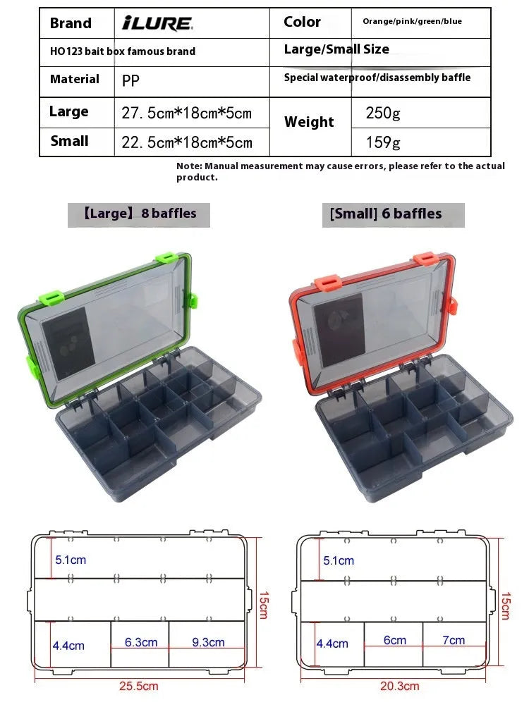 Blue waterproof PP plastic fishing lure storage box with lid open, showing compartments.