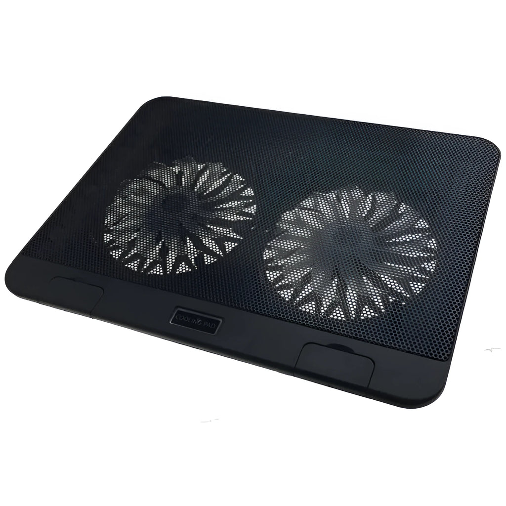 Black aluminium laptop cooling base with 140mm exhaust fan on a desk surface
