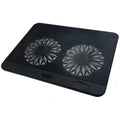 Black aluminium laptop cooling base with 140mm exhaust fan on a desk surface