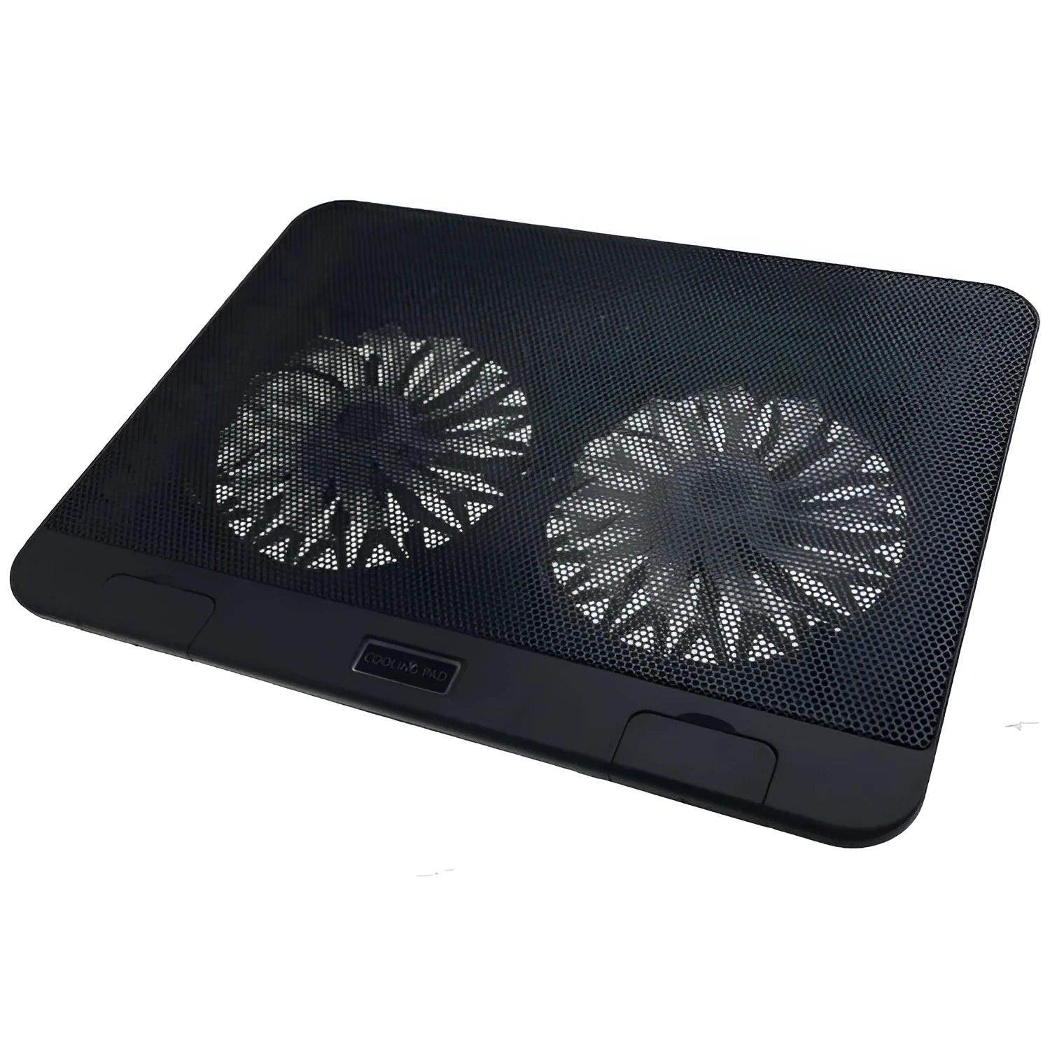 Black aluminium laptop cooling base with 140mm exhaust fan on a desk surface