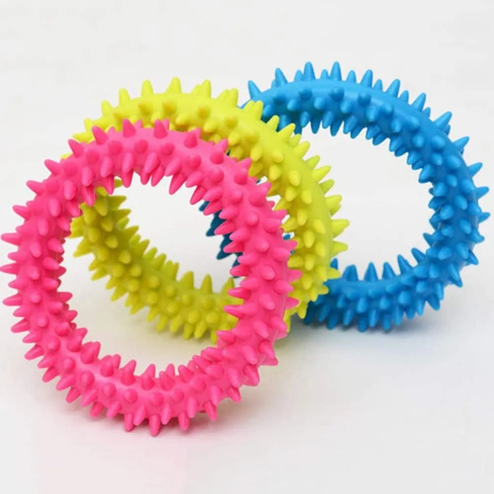 Blue TPR spiky circle ring dog chew toy for dental cleaning and bite-training.