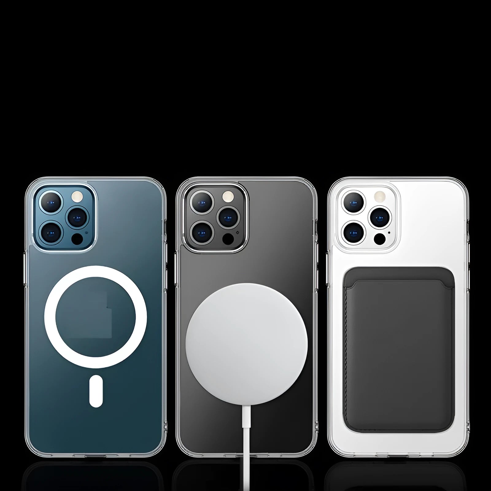 Clear magnetic back cover case for iPhone on a table next to a MagSafe charger.