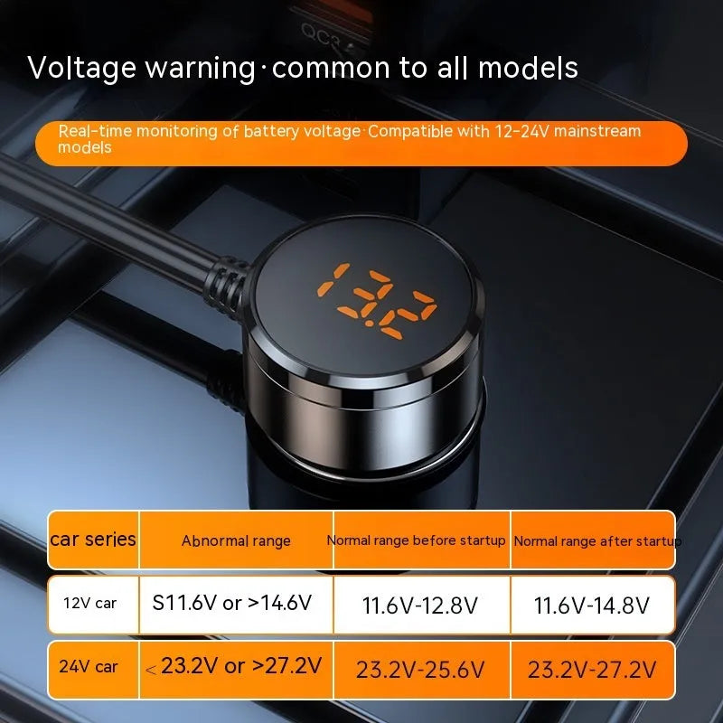 Black vehicle cigarette lighter USB charger with multiple ports showing dimensions 116mm x 71mm x 33mm