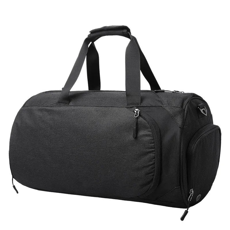 Medium light grey Oxford cloth travel bag open to show internal wet/dry separation compartments and camera insert pocket.