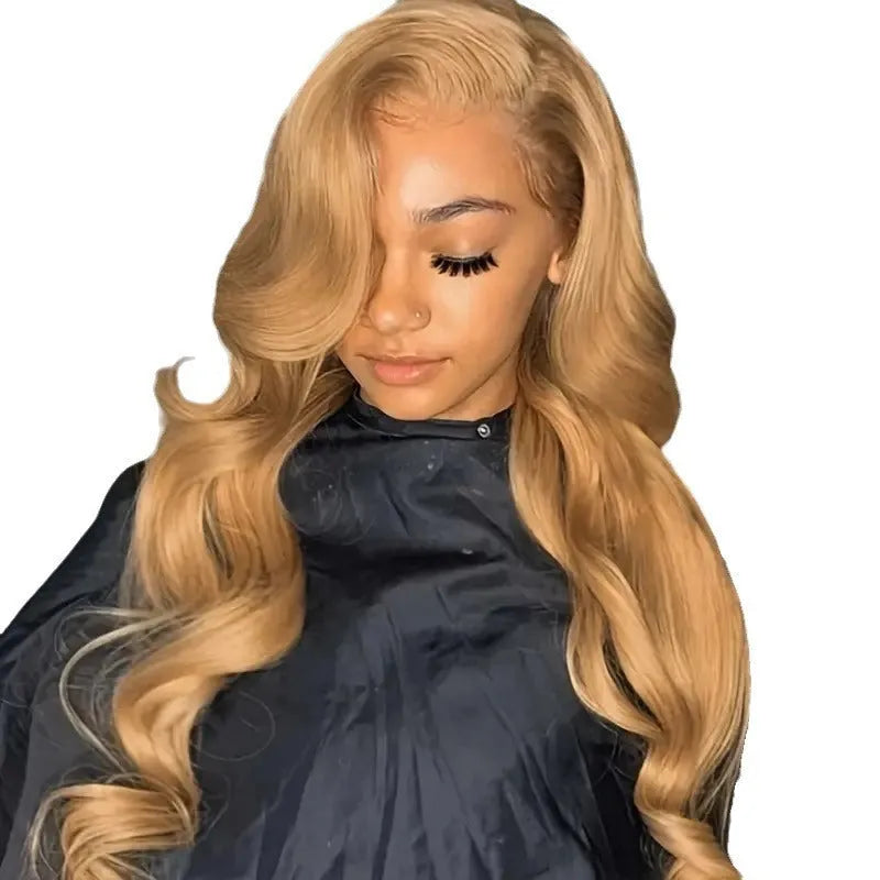 Light brown high temperature fibre big wave wig with side bangs in European and American fashionable style