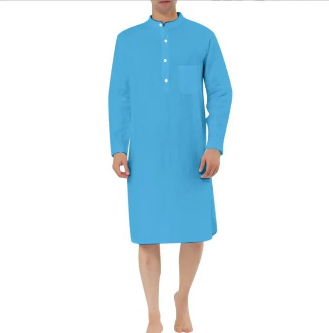 Men's light blue cotton shirt robe with front pockets hanging on a hanger.