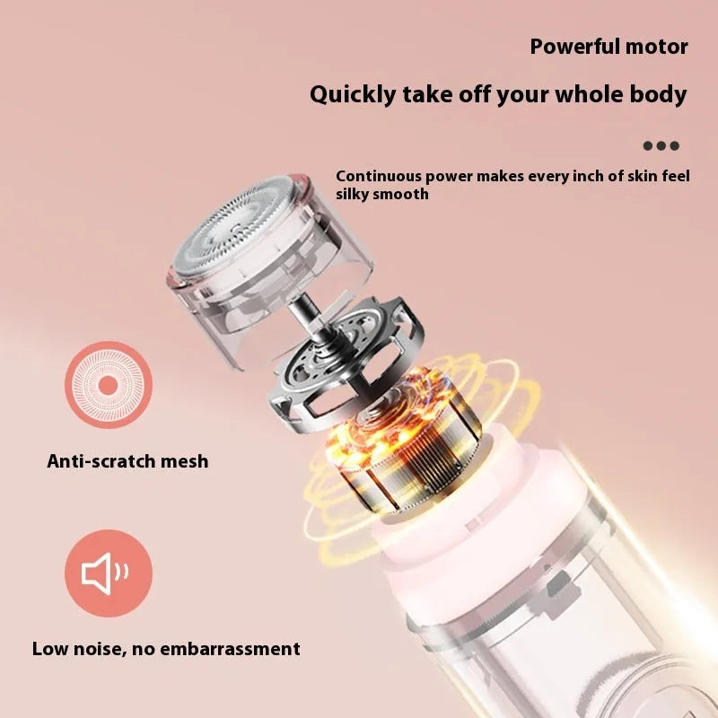 Portable electric depilator with floating blade in white or pink colour with USB charging cable