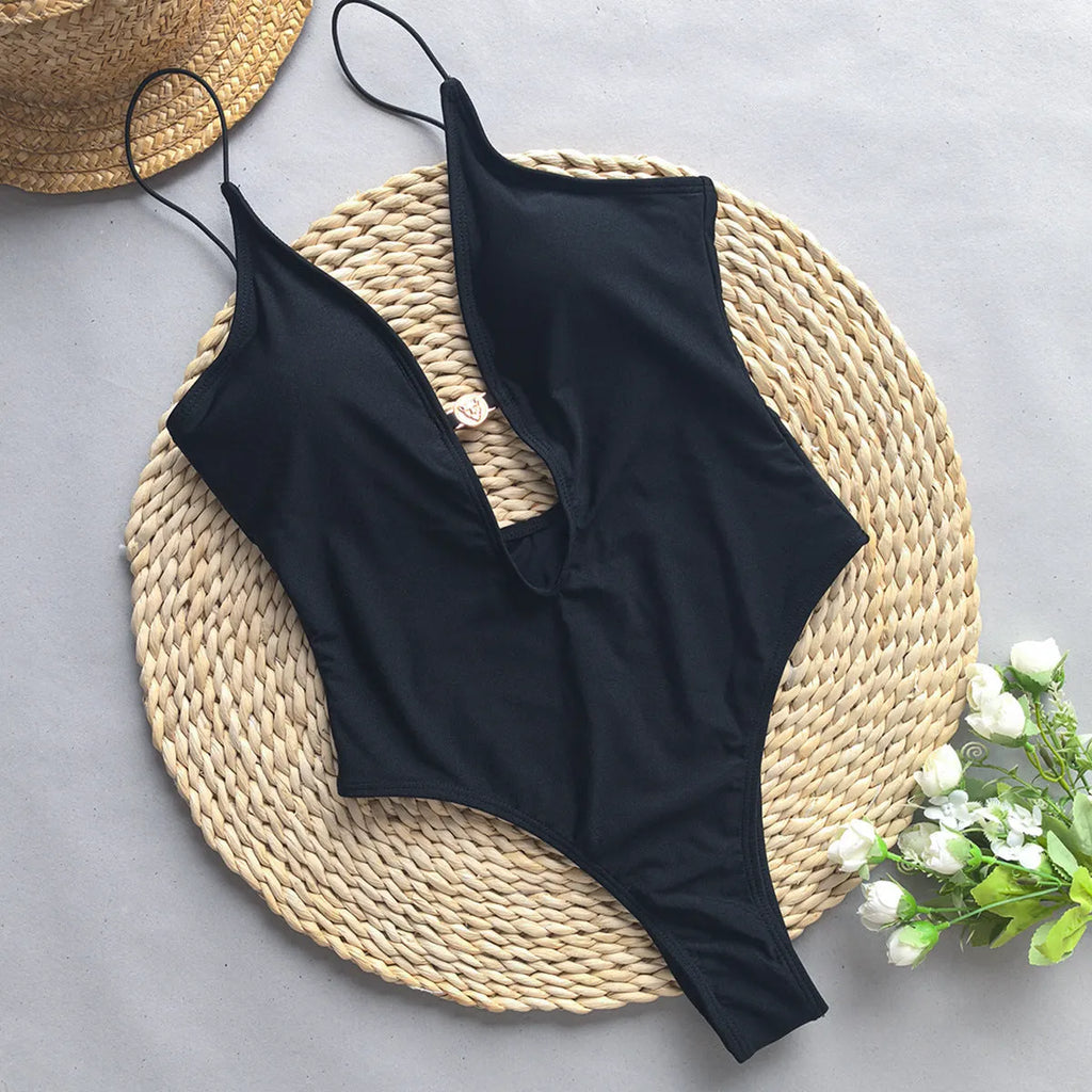 Women's high-elasticity one-piece swimsuit with nylon lining in solid colour, sizes S to L, for swimming and wading