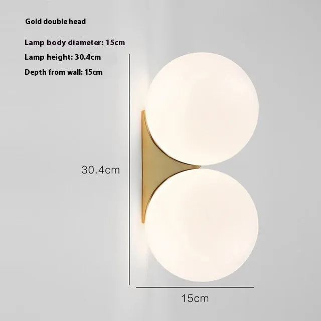Double-headed Nordic glass ball wall lamp with gold iron finish for bedroom bedside lighting