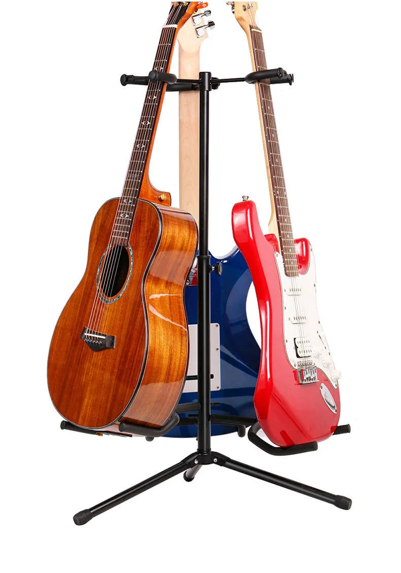 Black iron double-headed adjustable guitar stand for electric and acoustic instruments