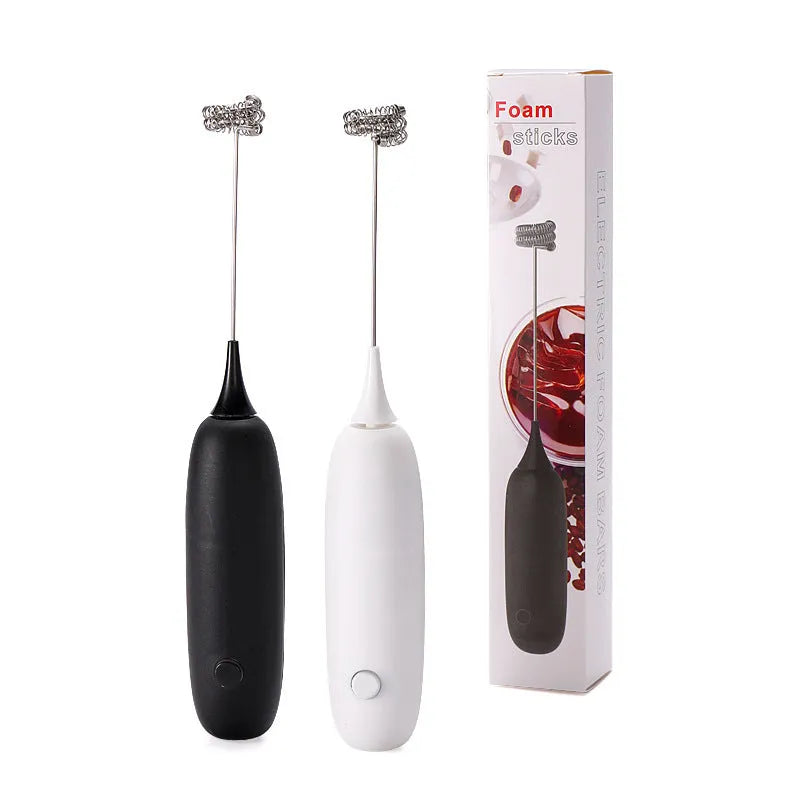 Black and white handheld electric milk frother and blender with modern design