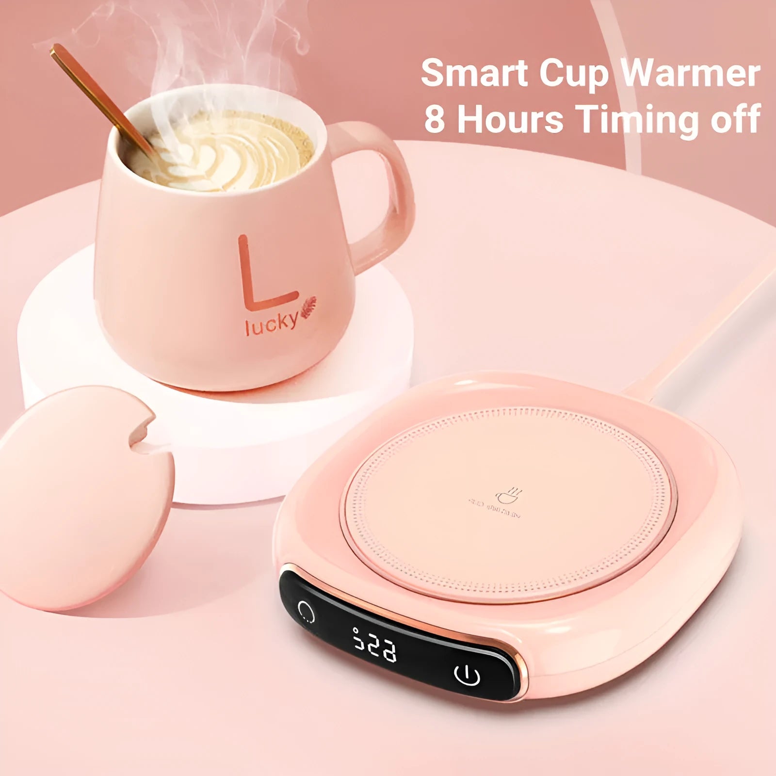 White USB coffee mug warmer plate on wooden desk with measurement showing 130x110mm dimensions