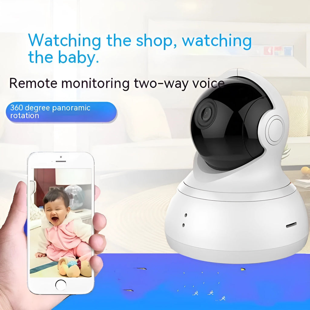 HD night vision 360-degree surveillance camera in white with wall mount and charger, 1080p WiFi indoor security monitor