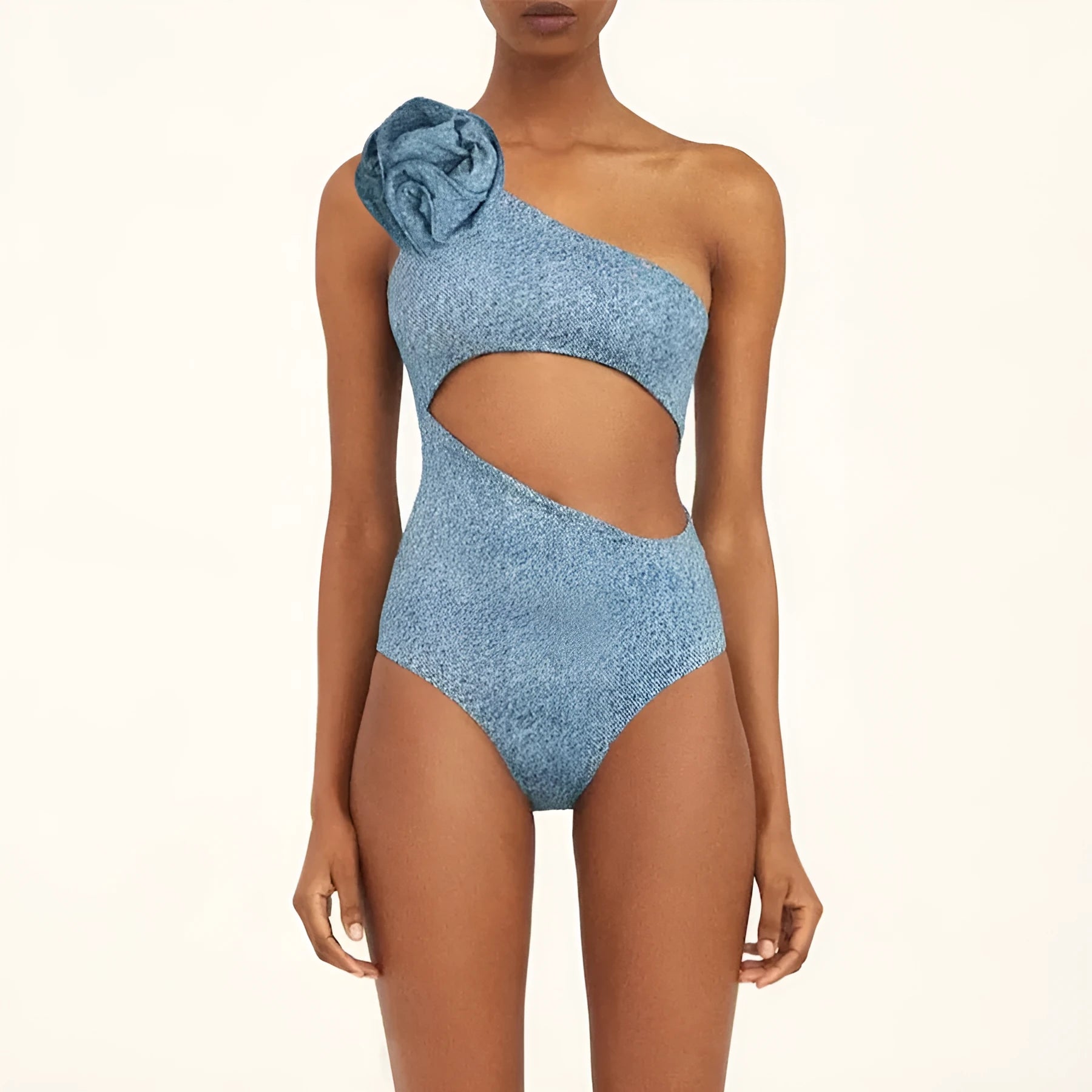Women's one-shoulder floral one-piece swimsuit with a hollow back, shown in available colours.