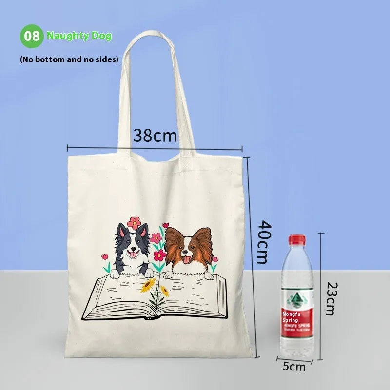 Cartoon cat print canvas shoulder bag with bottom and sides, simple modern style, loyal dog guard design