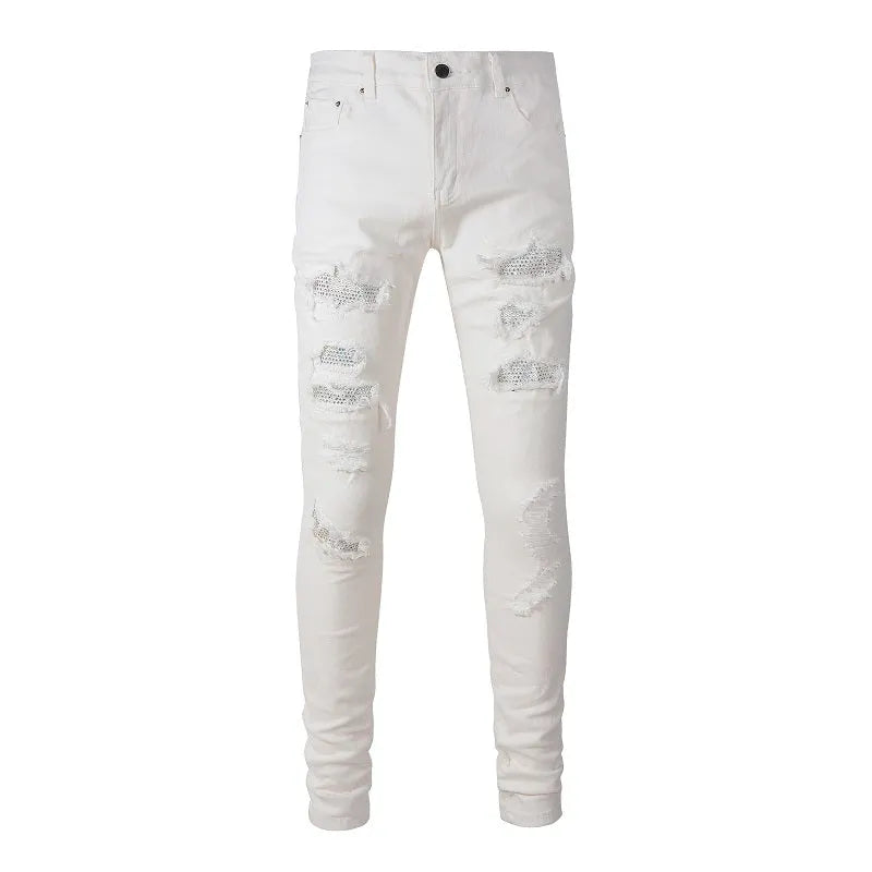 White slim-fit men's jeans with patch hole drill distressing and cotton-spandex blend