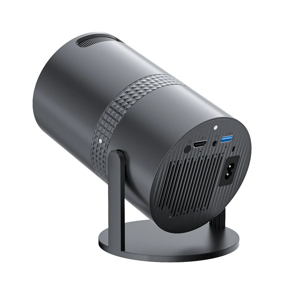 P300 Android 110 HD 1080p portable home theater projector in black with remote control and multi-region plugs