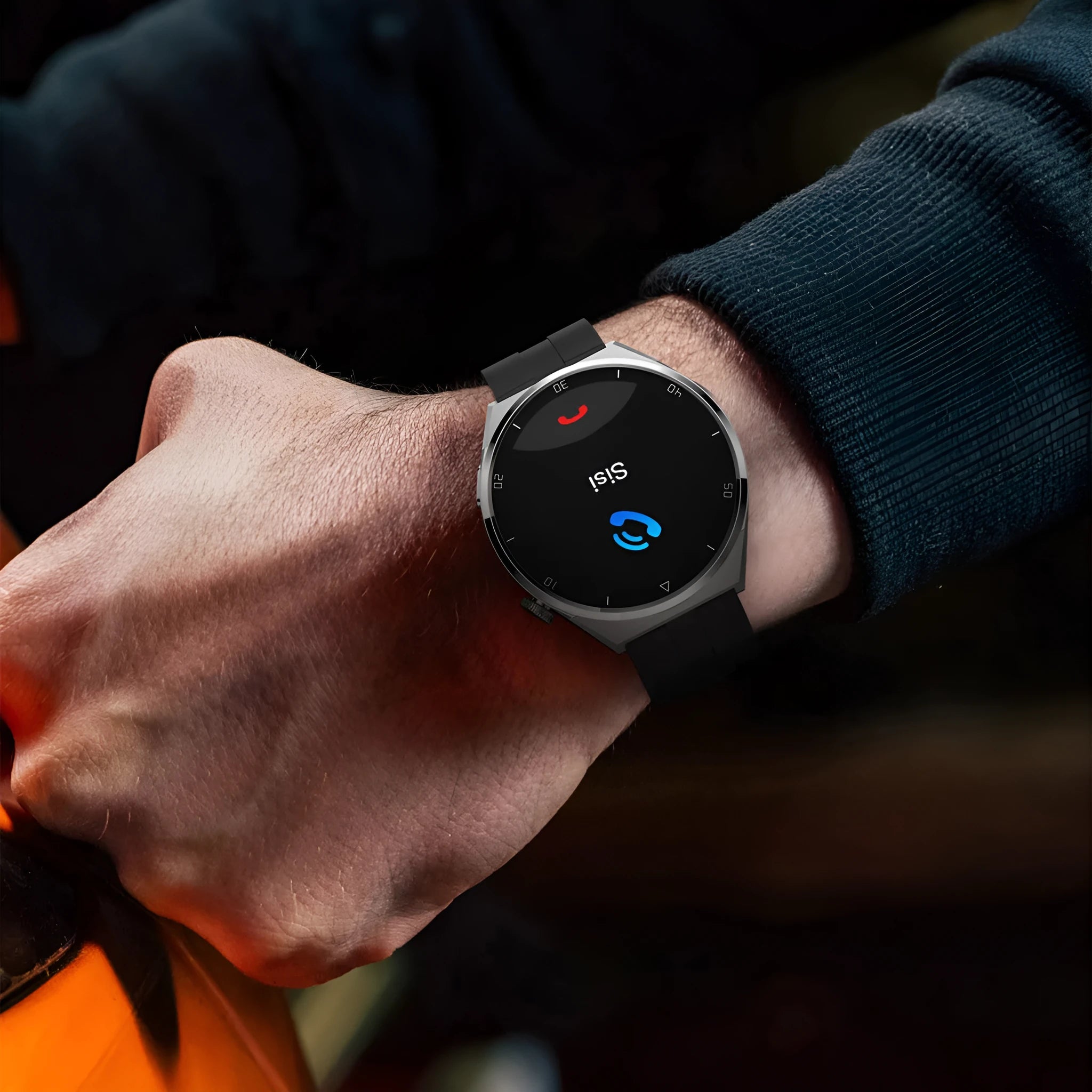 Adult smart watch in black with TFT screen showing heart rate and step count on wrist