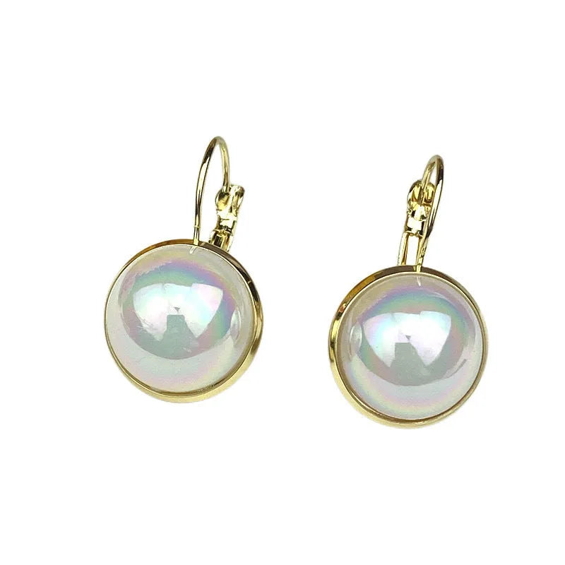 Colourful geometric Korean style metal clip-on earrings with mermaid pearl design and anti-lost clip.