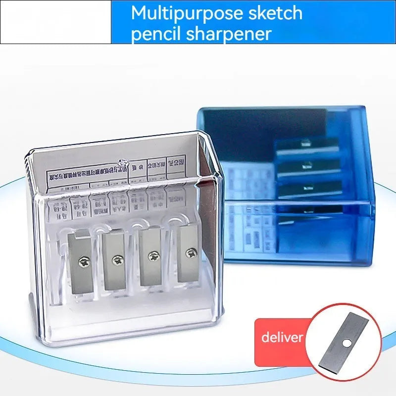 Geometric plastic pencil sharpener with four holes and an included screwdriver tool.