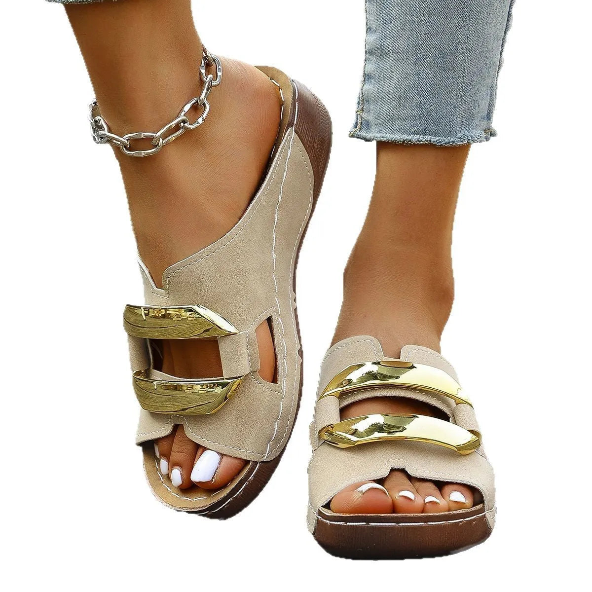 Roman style platform flip-flops in black with a breathable PU upper and rubber sole