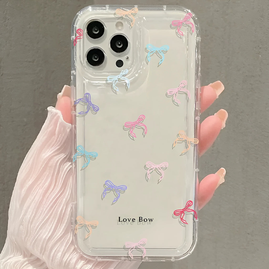 Transparent silicone phone case with bow design and airbag corners for iPhone drop protection