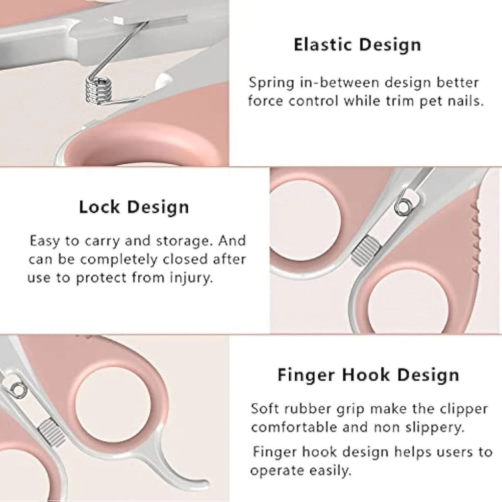 Grey and pink angled cat nail clippers with safety guard and rubber-coated handles.