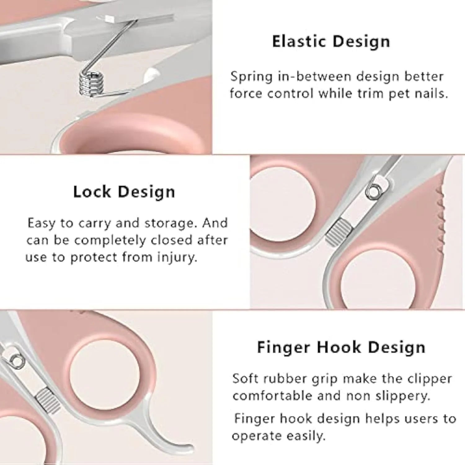 Grey and pink angled cat nail clippers with safety guard and rubber-coated handles.