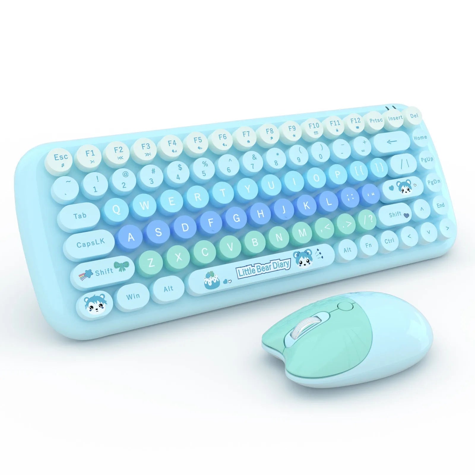 Candy pink wireless keyboard and mouse set with cartoon design on compact 43.5cm keyboard