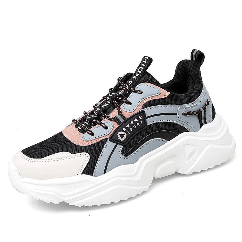 Women's white casual mesh sports shoes with round toe, buckle detail, and a thick PU sole.