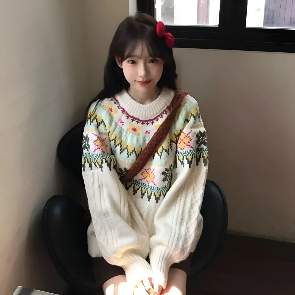 Women's milky white lantern sleeve loose mori knitwear pullover on hanger