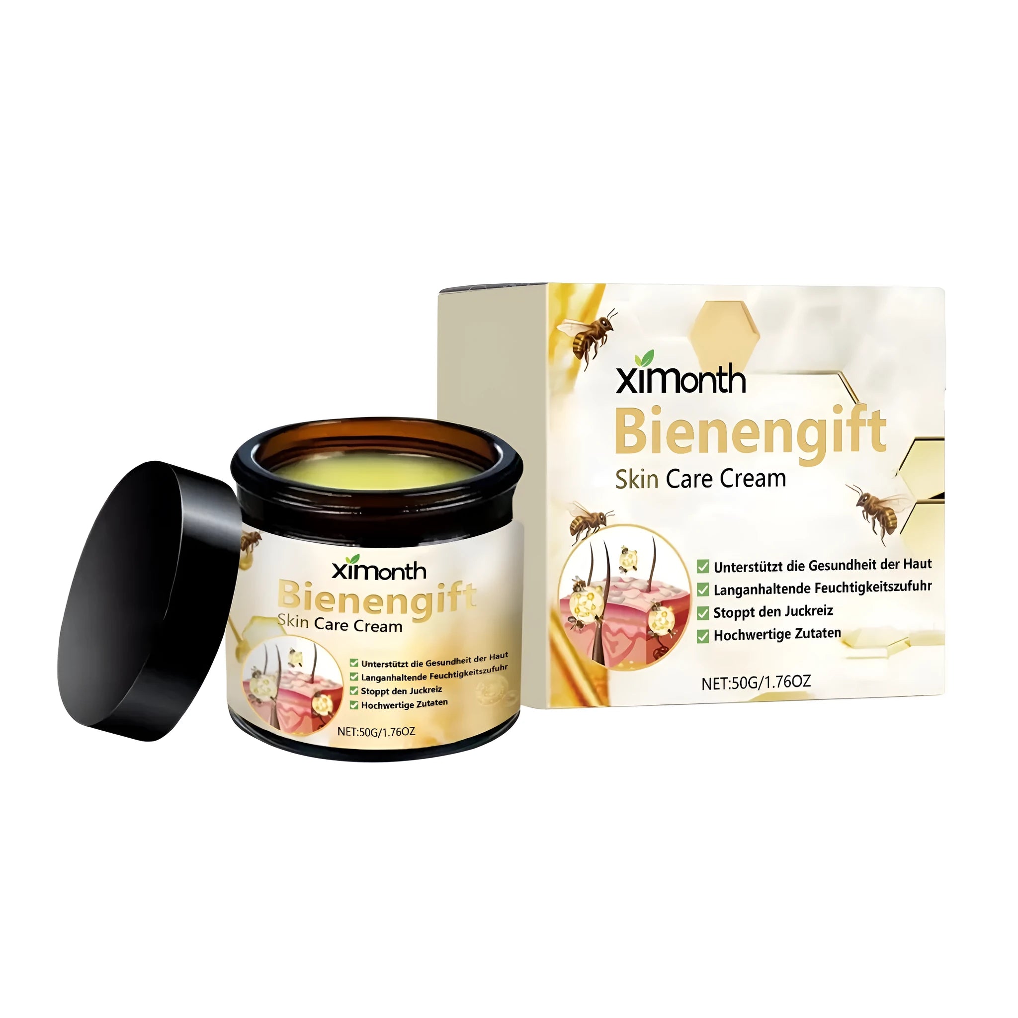 50g jar of facial skin care cream with mint leaves, bee venom and tea tree oil
