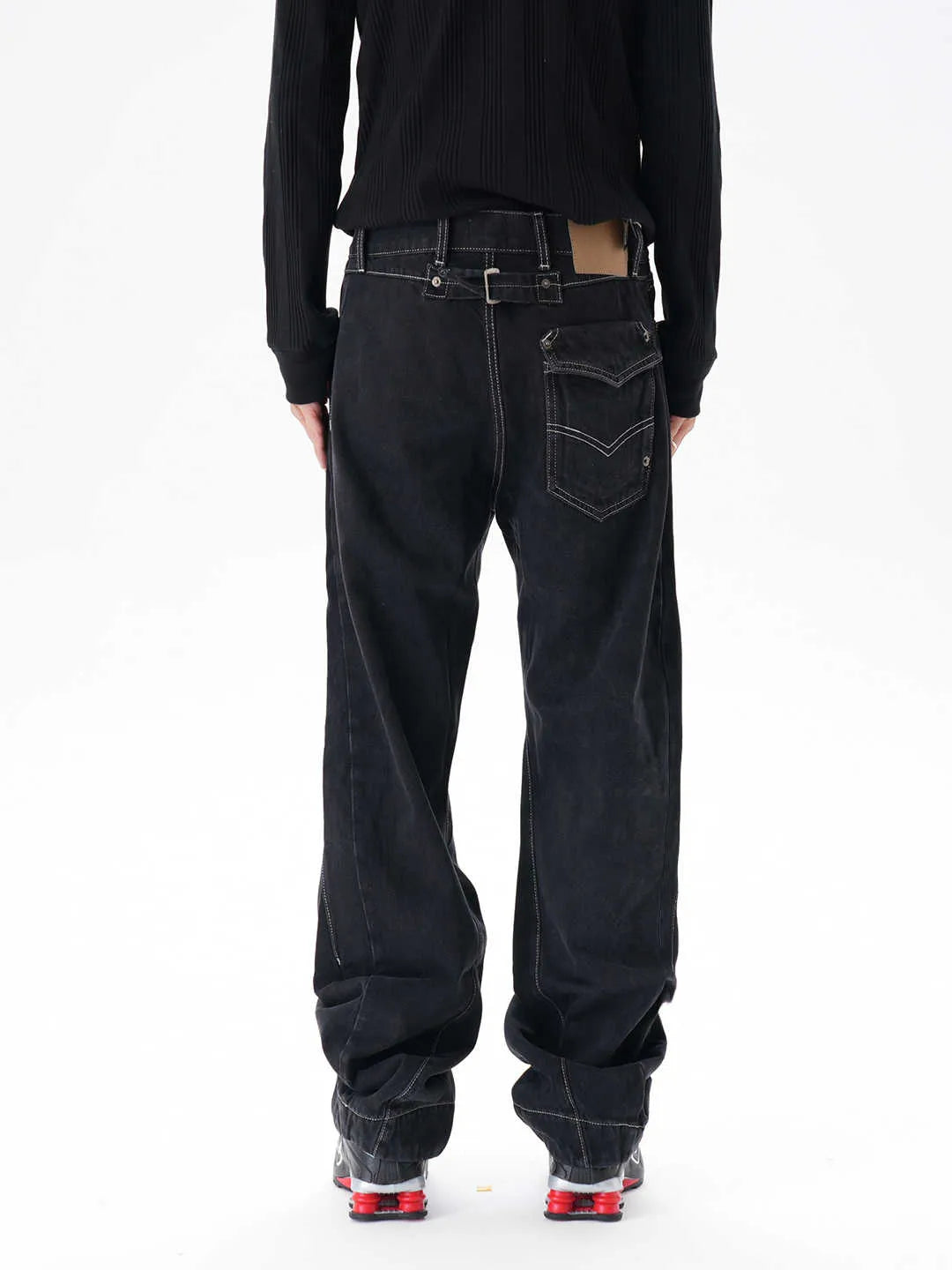 Contrast colour loose machete jeans men black denim wide leg trousers with zip fly