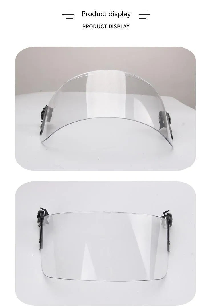 Transparent polycarbonate helmet face shield measuring 30x15cm with guide rail mounting system