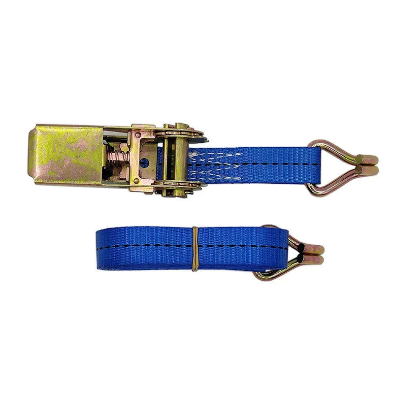 Steel ratchet tensioner with double hook on a 25mm wide polyester fastening strap for cargo and furniture