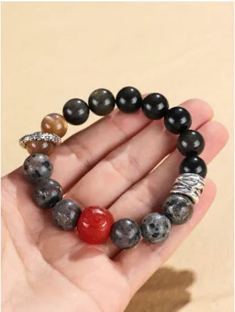 Gold obsidian flame stone red agate unisex bracelet with original design