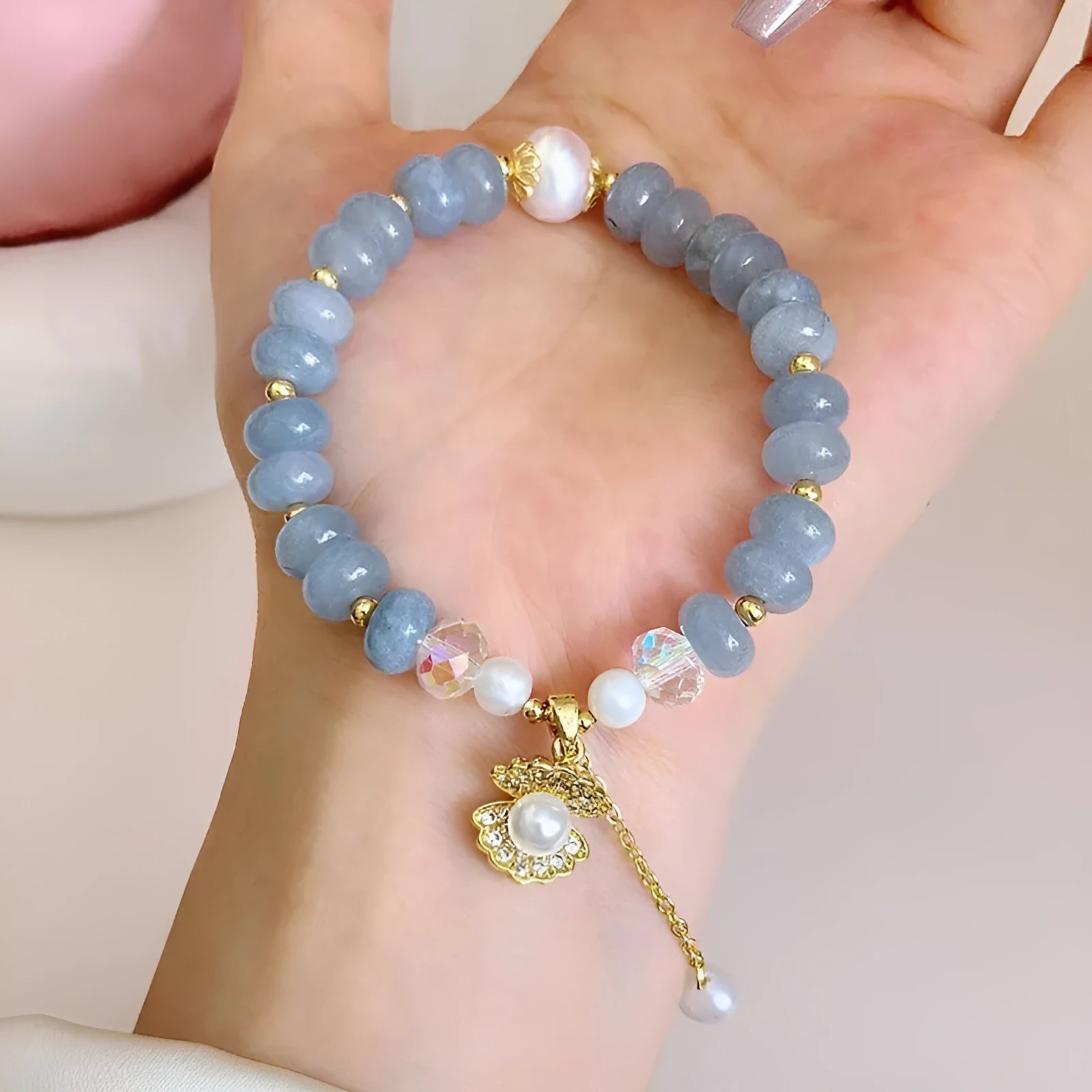 Handmade natural aquamarine pearl shell bracelet for women