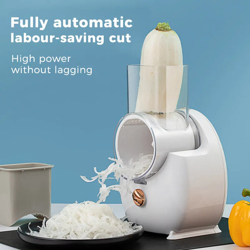 White electric vegetable slicer with suction base and rotary cutting mechanism for kitchen use