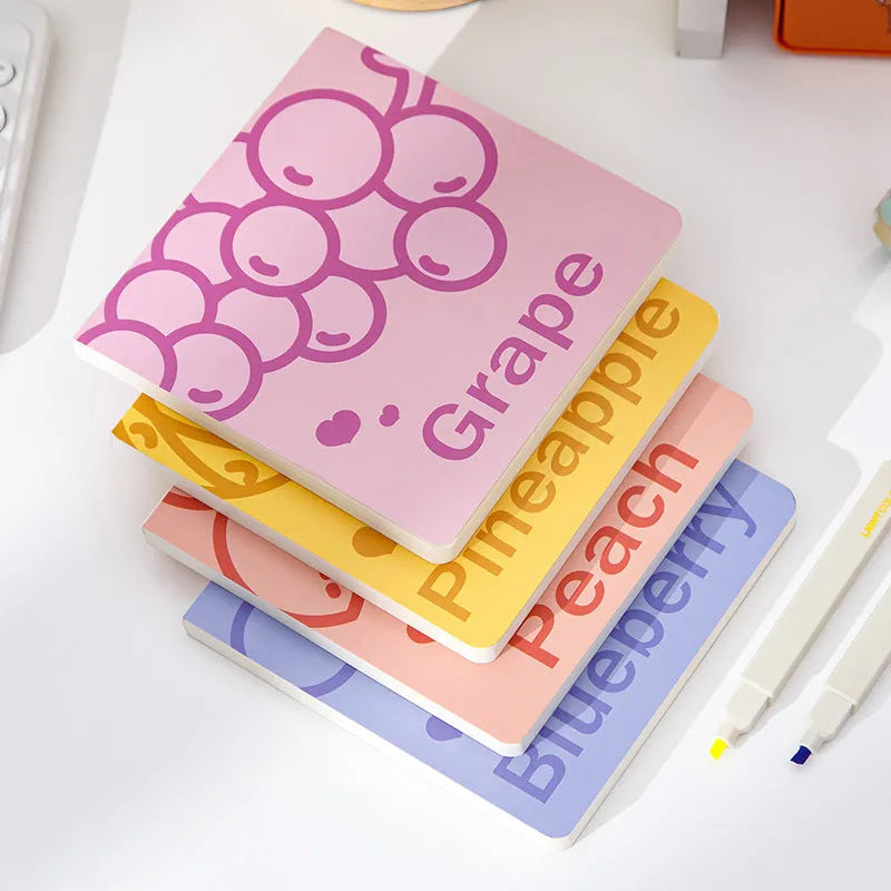 Square notebook with embossed fruit design cover showing 14.5cm dimensions