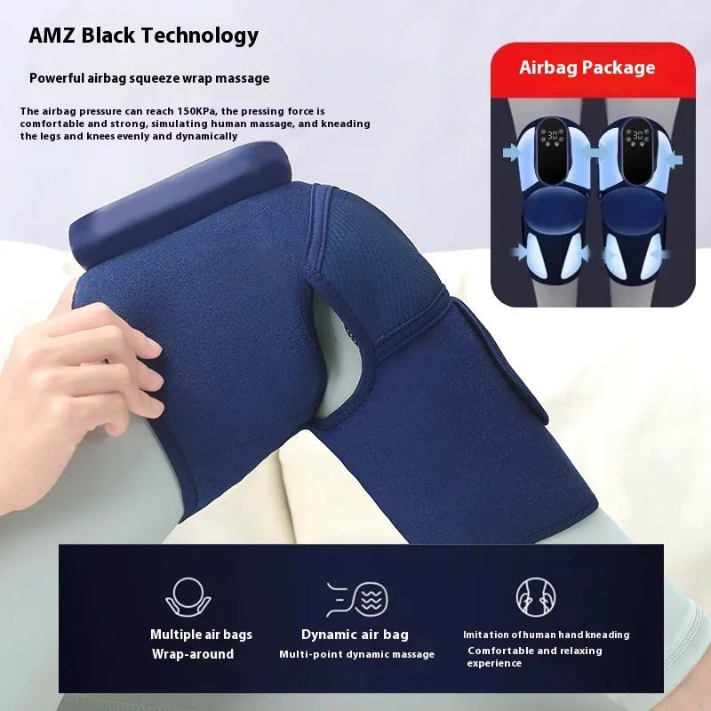 Blue self-heating knee massager with air pressure compression and vibration functions.