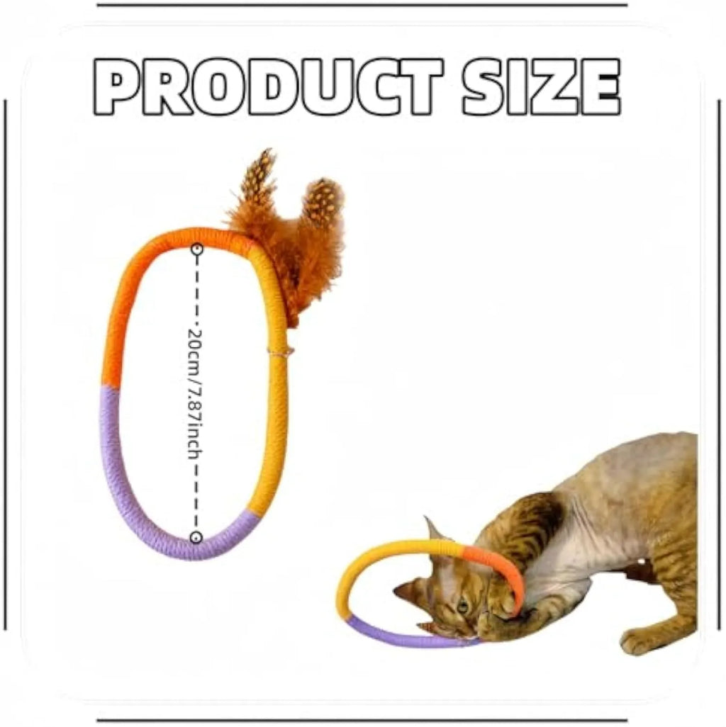 Green circular cotton rope cat toy with feathers attached, shown next to purple version