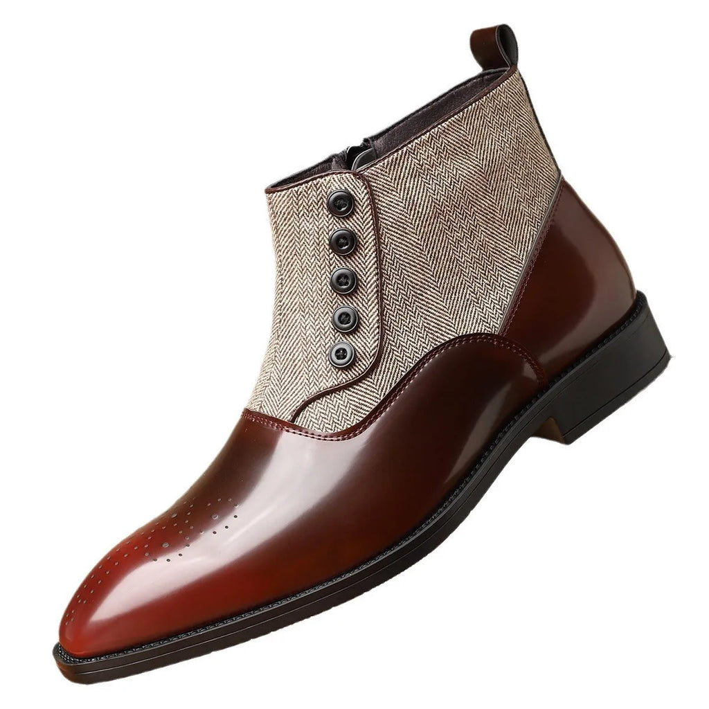 Brown retro men's formal shoe with side zip, square toe, and low square heel on a plain background.