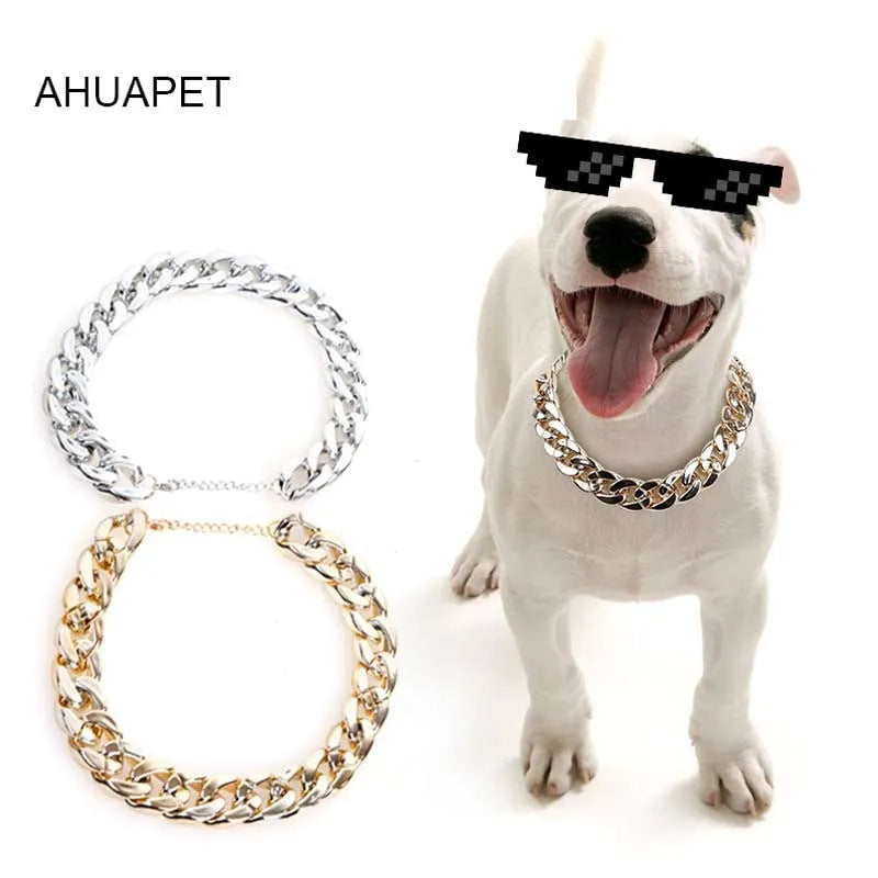 Gold colour chain style dog collar with geometric resin design and buckle closure for small medium dogs