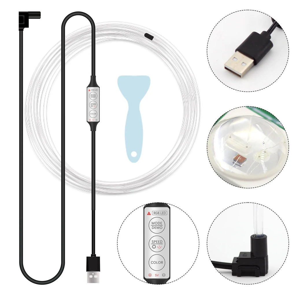 USB-powered RGB car interior LED light strip with manual controller showing multicolour illumination