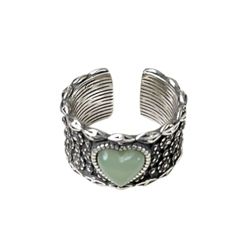 Retro wide-faced heart-shaped adjustable ring in white or green colour